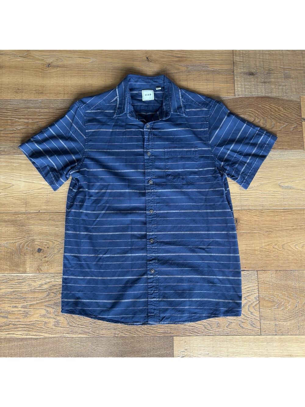 ROWM Men's Blue Horizontal Striped Short Sleeve Button Down Shirt Slub Knit M